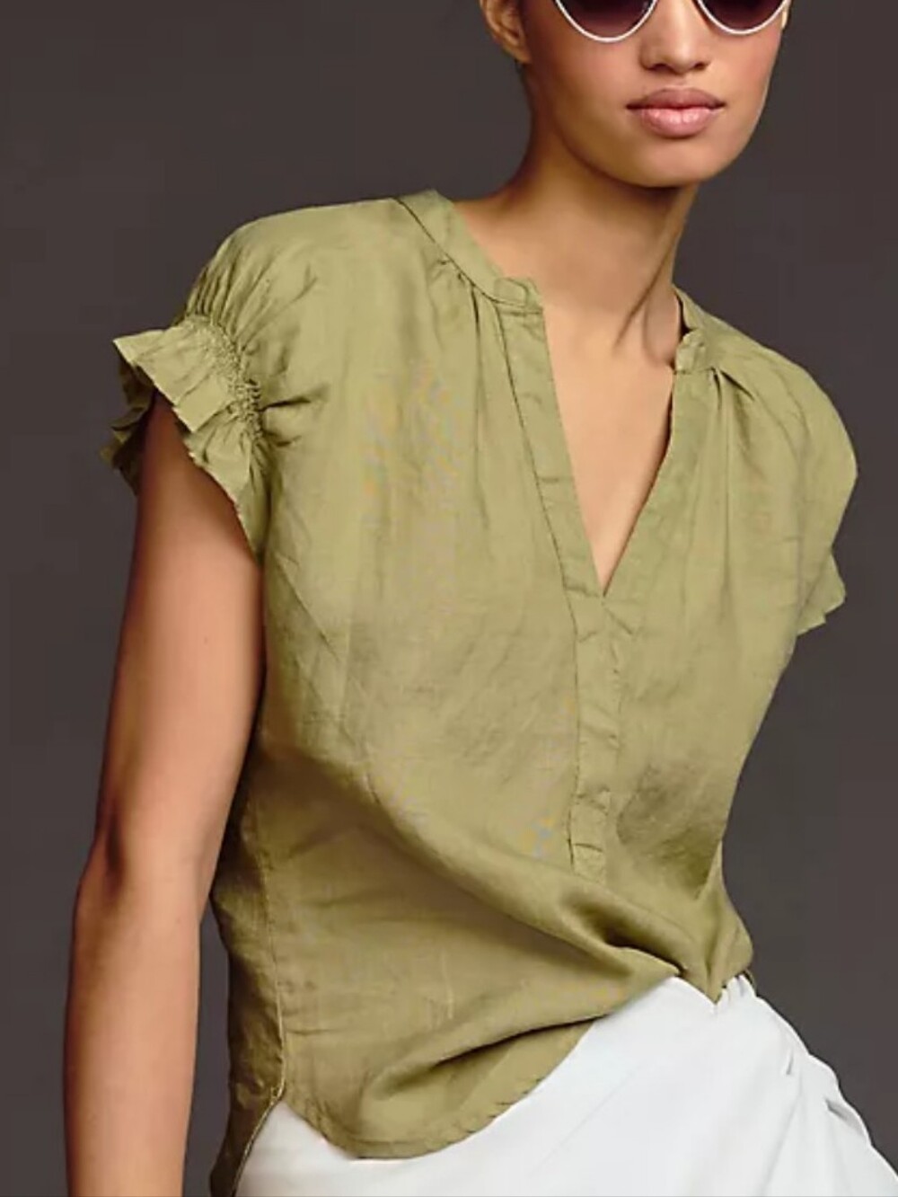 Anthropologie Pilcro Linen Flutter-Sleeve Blouse in Olive